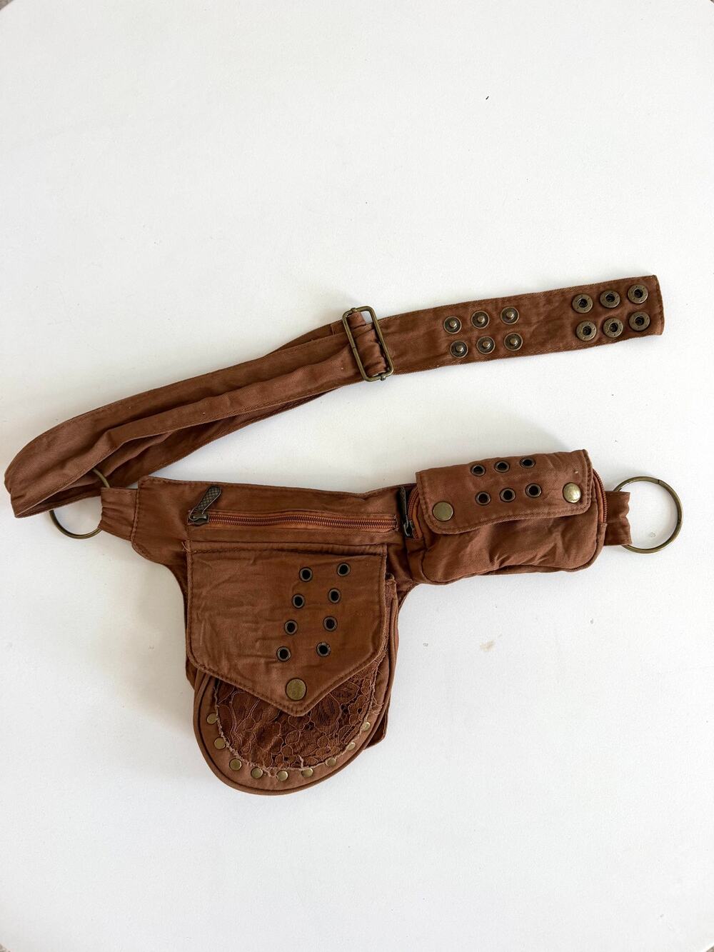Brown Utility Festival Belt Bag Lace Studded Boho Hip Waist Pack